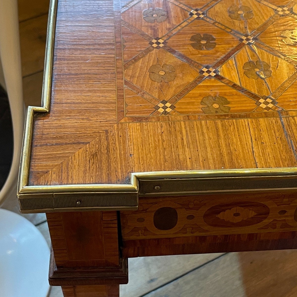 Table / Desk Louis XVI Directoire Inlaid, Brass Belt 2 Drawers, 19th-photo-1